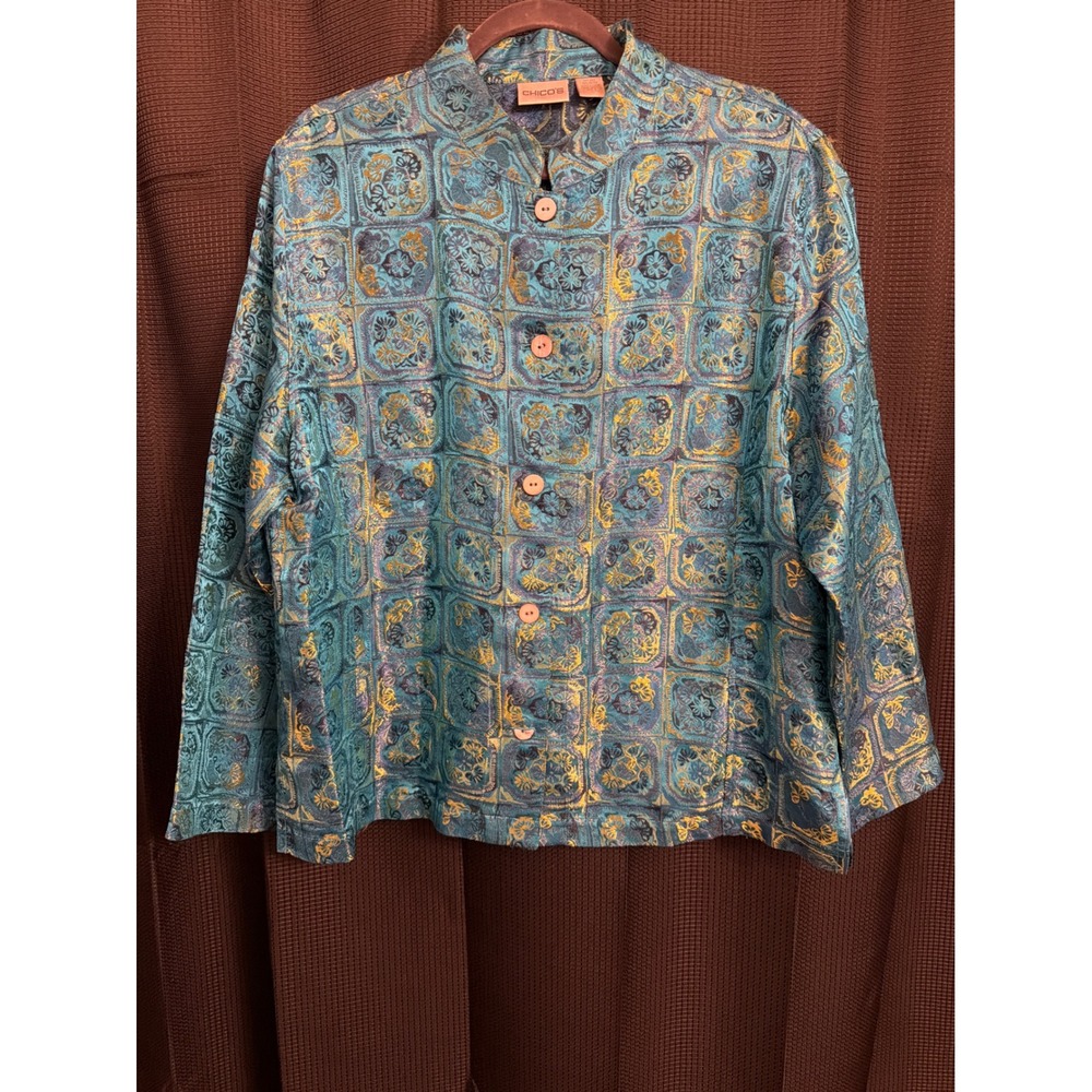 Chico's Silk Blend Jacquard Mandarin Collar Jacket Teal Gold Medallion Size 3 XL
